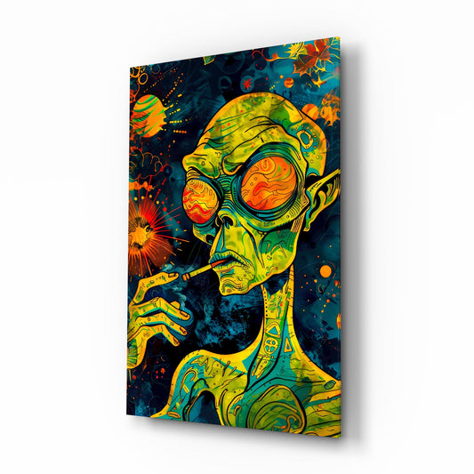 Green Alien Smoking Psychedelic Glass Wall Art - Lifestyle preview in a designer interior