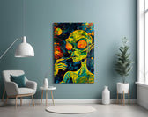 green alien smoking in deep space glass wall art styled above an armchair in a reading corner