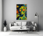 green alien smoking in deep space panel bringing character to a minimalist living room wall