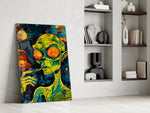 green alien smoking in deep space panel resting in a shelving niche in a modern interior