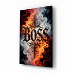 Boss Blackletter Fire and Smoke Glass Wall Art - Lifestyle preview in a designer interior