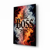 Boss Blackletter Fire and Smoke Glass Wall Art - Lifestyle preview in a designer interior