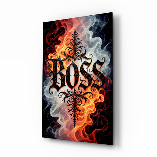 Boss Blackletter Fire and Smoke Glass Wall Art - Lifestyle preview in a designer interior