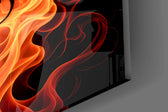 Close-up detail of the filigree flourishes above and below the lettering on the glass surface