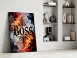 blackletter word in fire and smoke panel resting in a shelving niche in a modern interior