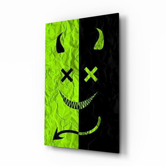 Split Neon Green Devil Smile Glass Wall Art - Lifestyle preview in a designer interior