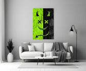 split neon green devil smiley panel bringing character to a minimalist living room wall