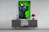 black guard dog in yellow shades glass wall art displayed above a console in a designer interior