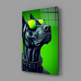 black guard dog in yellow shades glass wall art angled to show the polished tempered glass panel