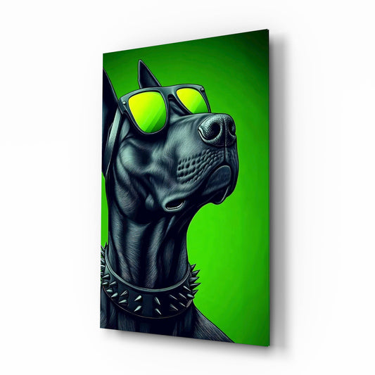 Lime Green Dog in Yellow Shades Glass Wall Art - Lifestyle preview in a designer interior