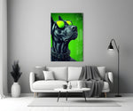black guard dog in yellow shades panel bringing character to a minimalist living room wall