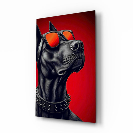 Crimson Red Dog in Mirrored Shades Glass Wall Art - Lifestyle preview in a designer interior
