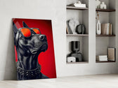 black guard dog on crimson red panel resting in a shelving niche in a modern interior