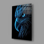 glowing blue eagle head on black glass wall art angled to show the polished tempered glass panel
