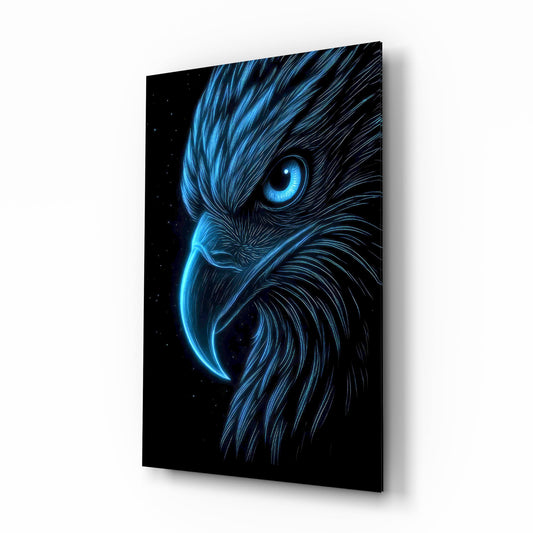 Neon Blue Eagle Head on Black Glass Wall Art - Lifestyle preview in a designer interior