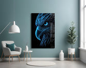 glowing blue eagle head on black glass wall art styled above an armchair in a reading corner