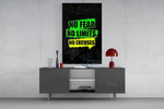 neon green gym motivation typography glass wall art displayed above a console in a designer interior