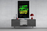 neon green gym motivation typography glass wall art displayed above a console in a designer interior
