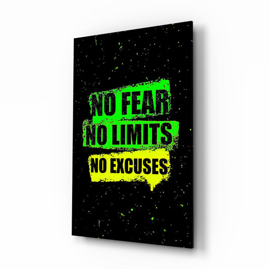 No Limits No Excuses Neon Green Glass Wall Art - Lifestyle preview in a designer interior