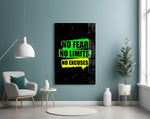 neon green gym motivation typography glass wall art styled above an armchair in a reading corner