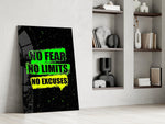 neon green gym motivation typography panel resting in a shelving niche in a modern interior