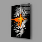 orange lava rift and lone figure glass wall art angled to show the polished tempered glass panel