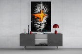 orange lava rift and lone figure glass wall art displayed above a console in a designer interior