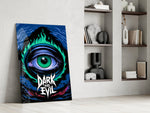 green flame eye over a night coastline panel resting in a shelving niche in a modern interior