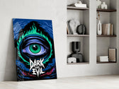 green flame eye over a night coastline panel resting in a shelving niche in a modern interior