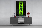 acid green stencil band on distressed black glass wall art displayed above a console in a designer interior