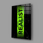 acid green stencil band on distressed black glass wall art angled to show the polished tempered glass panel