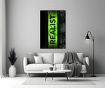 acid green stencil band on distressed black panel bringing character to a minimalist living room wall