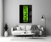 acid green stencil band on distressed black panel bringing character to a minimalist living room wall