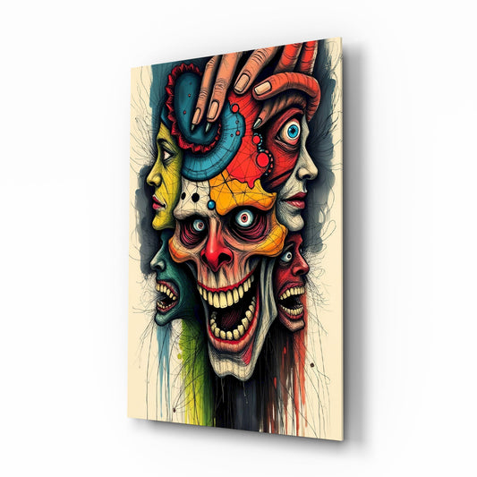 Many Faces Surreal Screaming Skull Glass Wall Art - Lifestyle preview in a designer interior