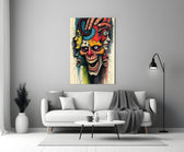 layered faces around a screaming skull panel bringing character to a minimalist living room wall