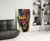 layered faces around a screaming skull glass wall art leaning beside a dark leather sofa