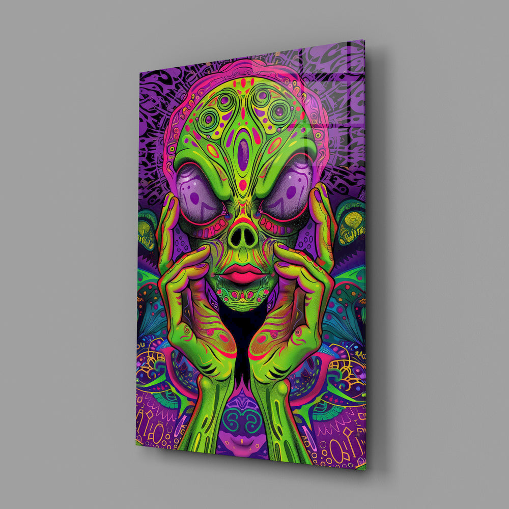 Volto alieno neon e fungo psichedelico quadro in vetro