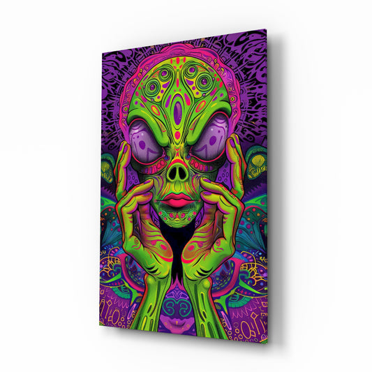 Neon Alien Face Psychedelic Mushroom Glass Wall Art