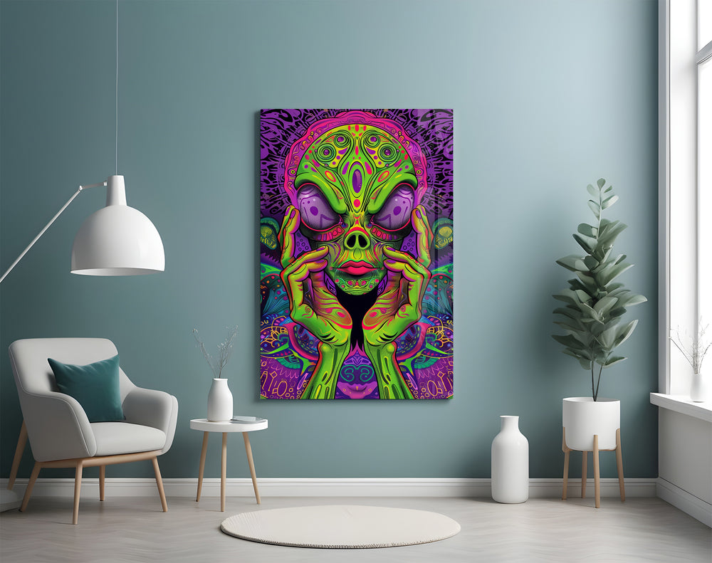Volto alieno neon e fungo psichedelico quadro in vetro