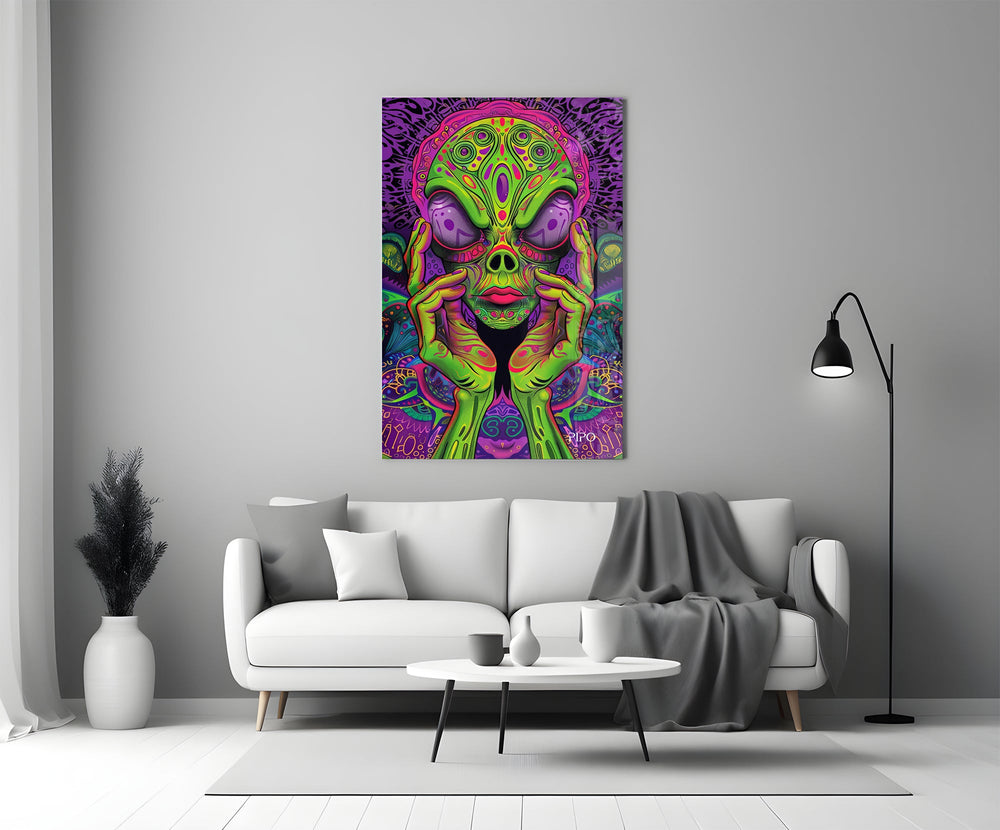 neon green alien face among mushrooms panel bringing character to a minimalist living room wall
