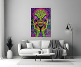neon green alien face among mushrooms panel bringing character to a minimalist living room wall