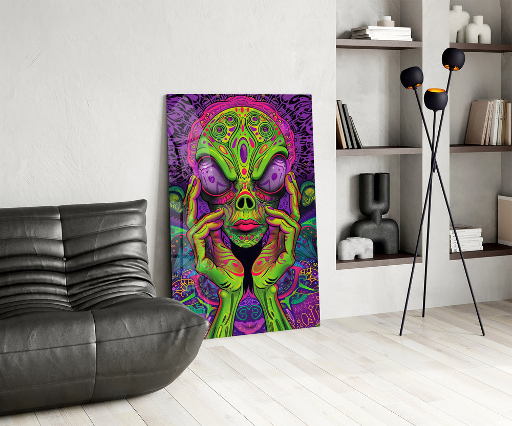 Volto alieno neon e fungo psichedelico quadro in vetro