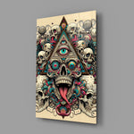 all seeing eye above a horned skull glass wall art angled to show the polished tempered glass panel