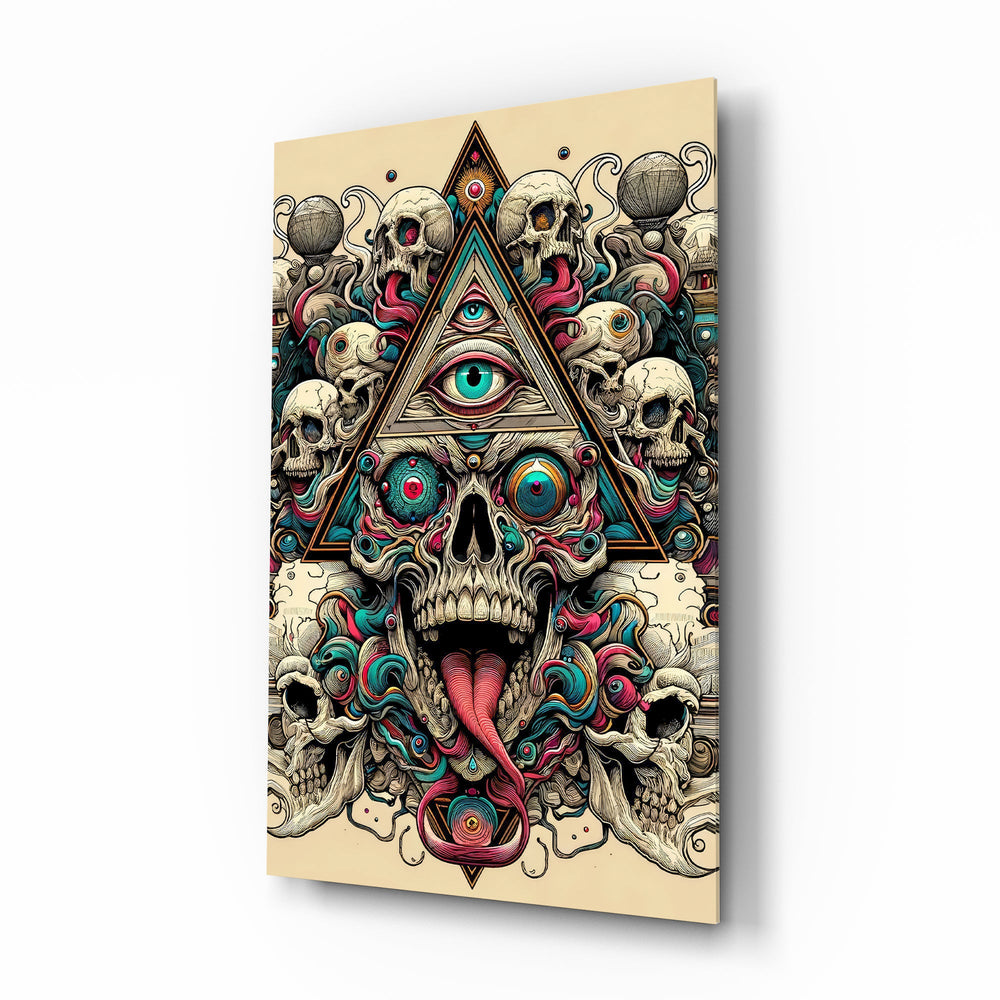 All Seeing Eye Triangle Skull Ink Glass Wall Art - Lifestyle preview in a designer interior
