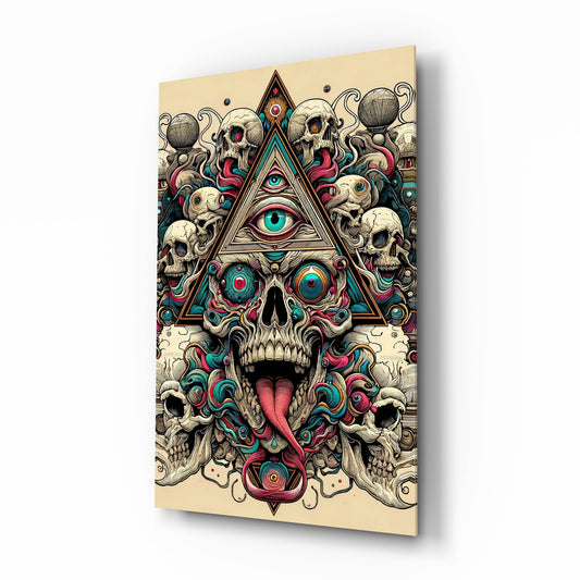 All Seeing Eye Triangle Skull Ink Glass Wall Art - Lifestyle preview in a designer interior
