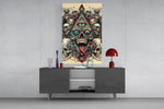 all seeing eye above a horned skull glass wall art displayed above a console in a designer interior
