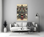 all seeing eye above a horned skull panel bringing character to a minimalist living room wall