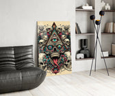 all seeing eye above a horned skull glass wall art leaning beside a dark leather sofa