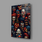 grinning dark carnival clown faces glass wall art angled to show the polished tempered glass panel