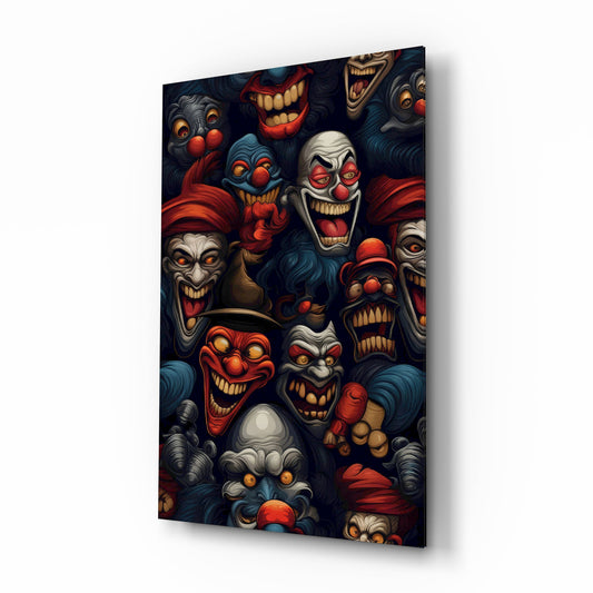 Grinning Clown Faces Dark Carnival Glass Wall Art - Lifestyle preview in a designer interior